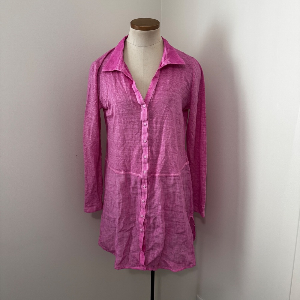 120% Lino Large Linen Button Front Long Sleeve Tunic Top or Mini Dress